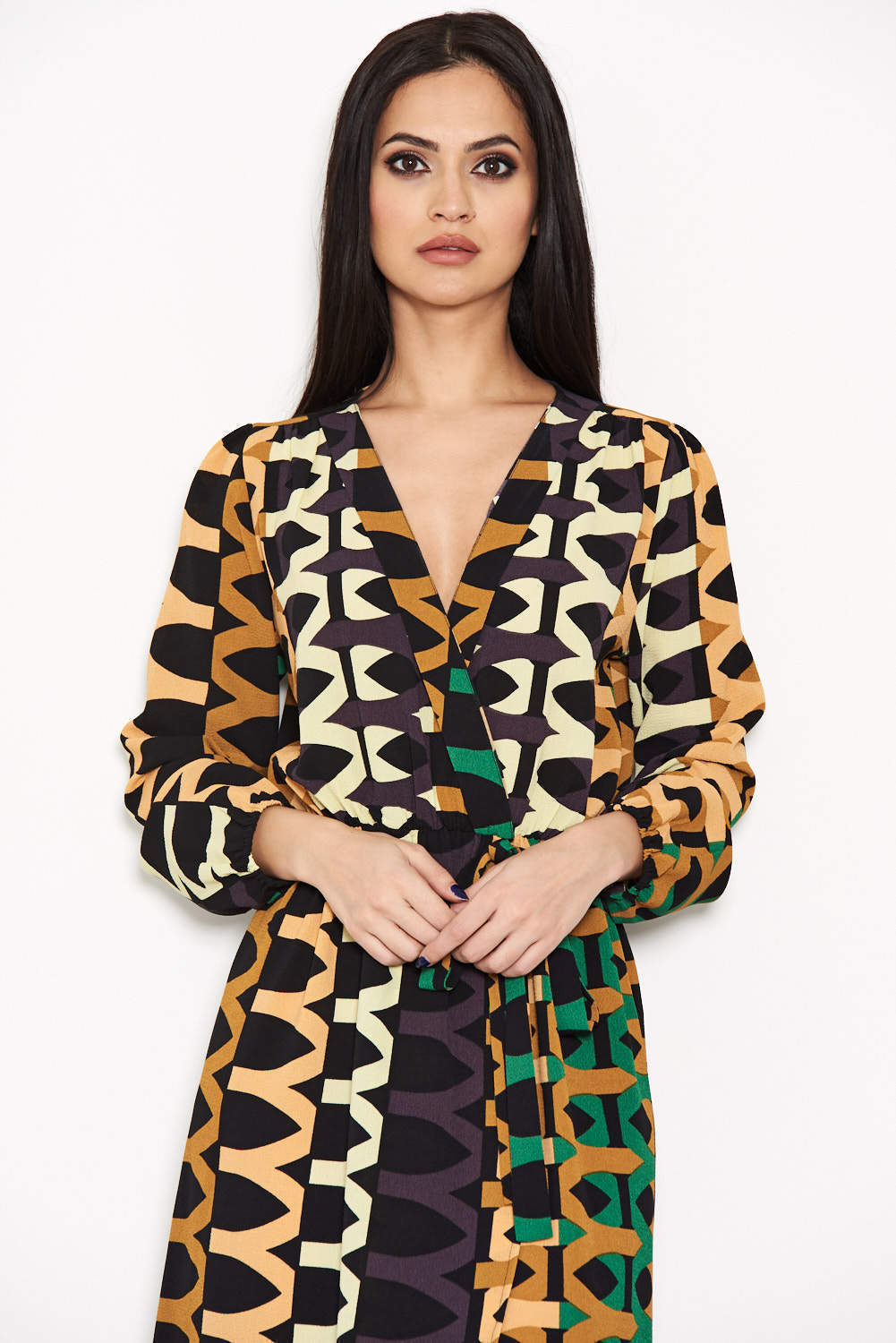 Aztec Print Wrap-Style Dress
