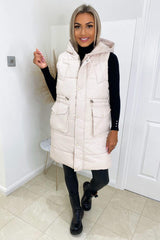 Beige Square Pocket Hooded Gilet
