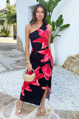 Black And Coral Red Floral Print One Shoulder O-Ring Midi Dress