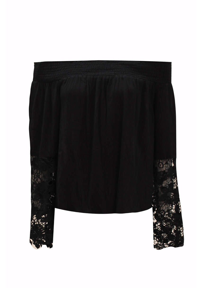 Black Bardot Top with Crochet Sleeves