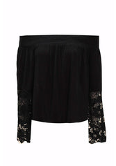 Black Bardot Top with Crochet Sleeves