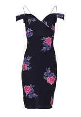 Black Cold Shoulder Floral Bodycon Midi Dress