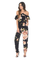 Black Cold Shoulder Floral Jumpsuit
