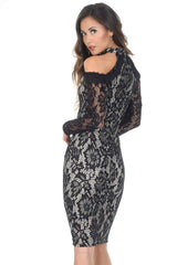 Black and Nude Midi High Neck Lace Dress