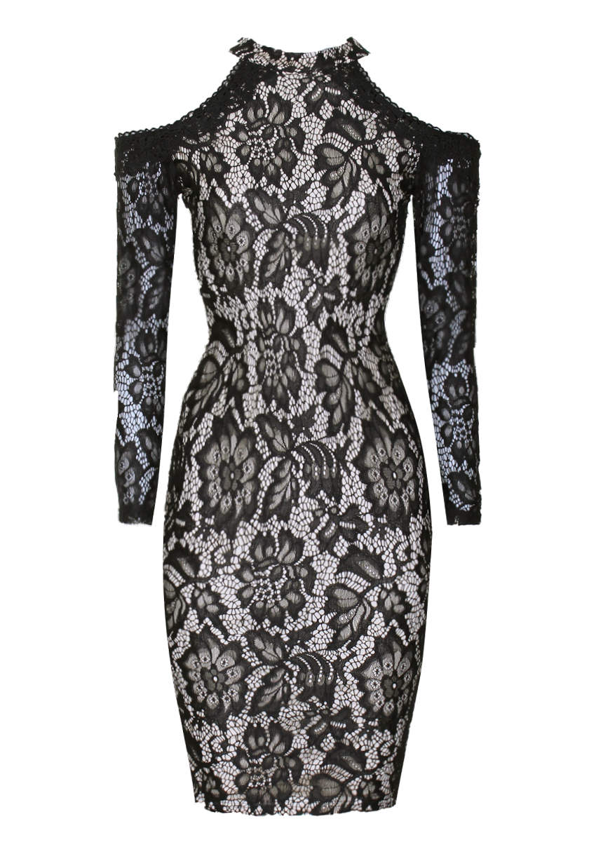 Black and Nude Midi High Neck Lace Dress