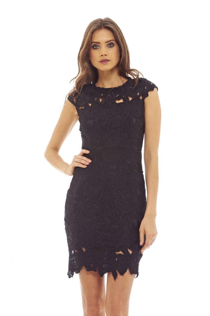 Black Capped Sleeve Crochet Dress