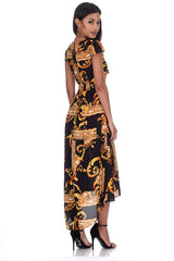 Black and Gold Patterned Wrap Over Tie Waist Belt Dress